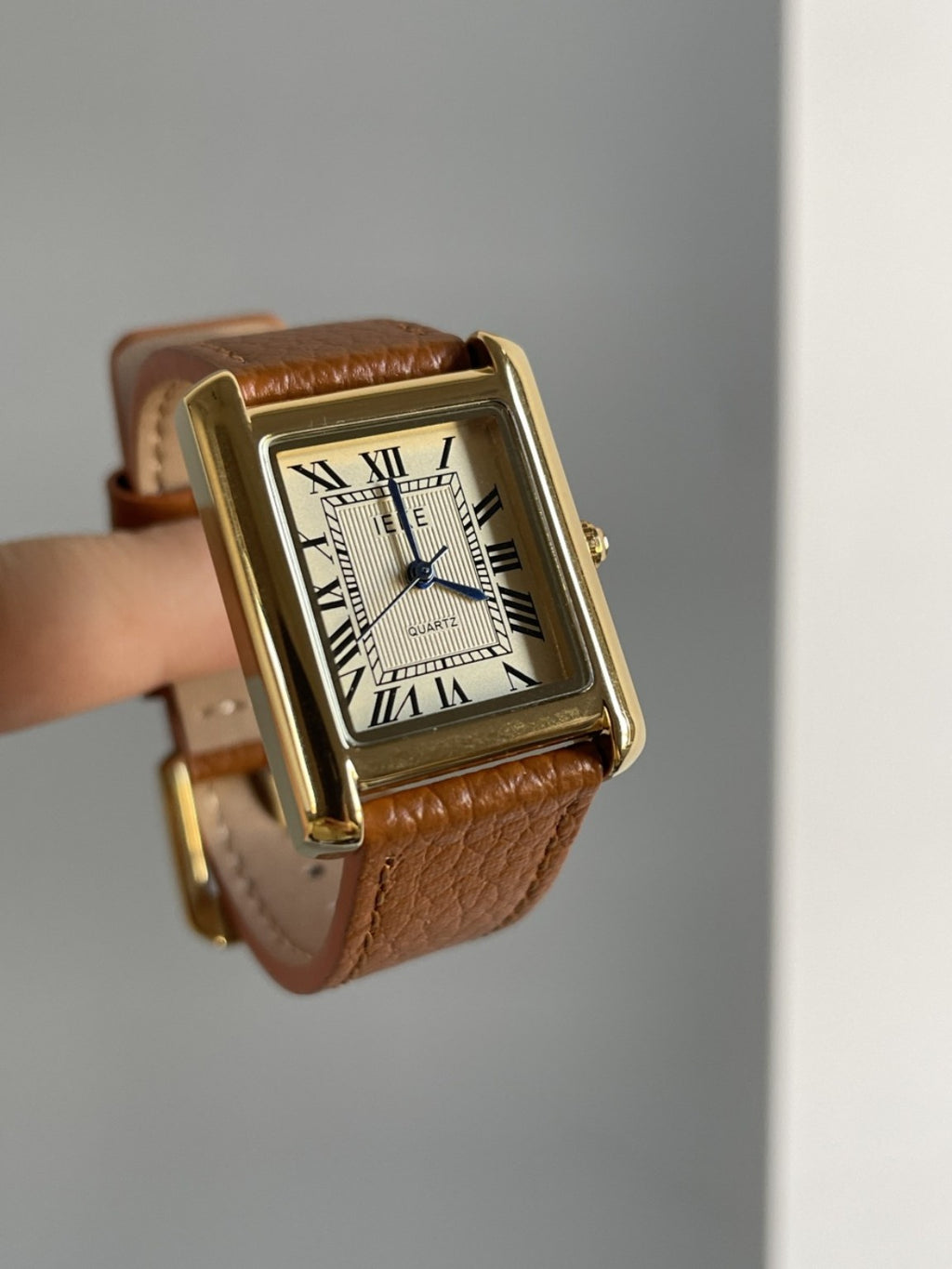 IEKE rectangular Roman numeral women's watch with gold-tone case and brown strap