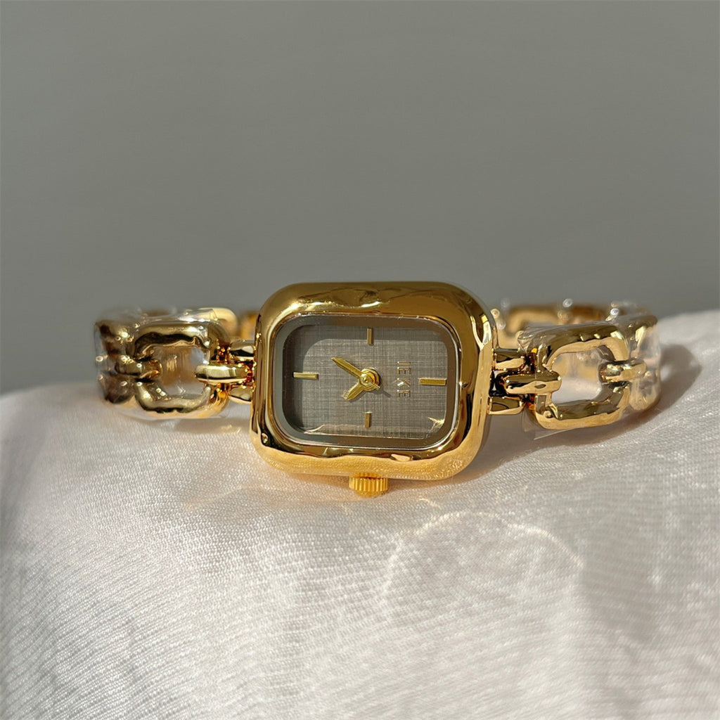 IEKE women's sculpted link square bracelet watch in gold with ivory dial