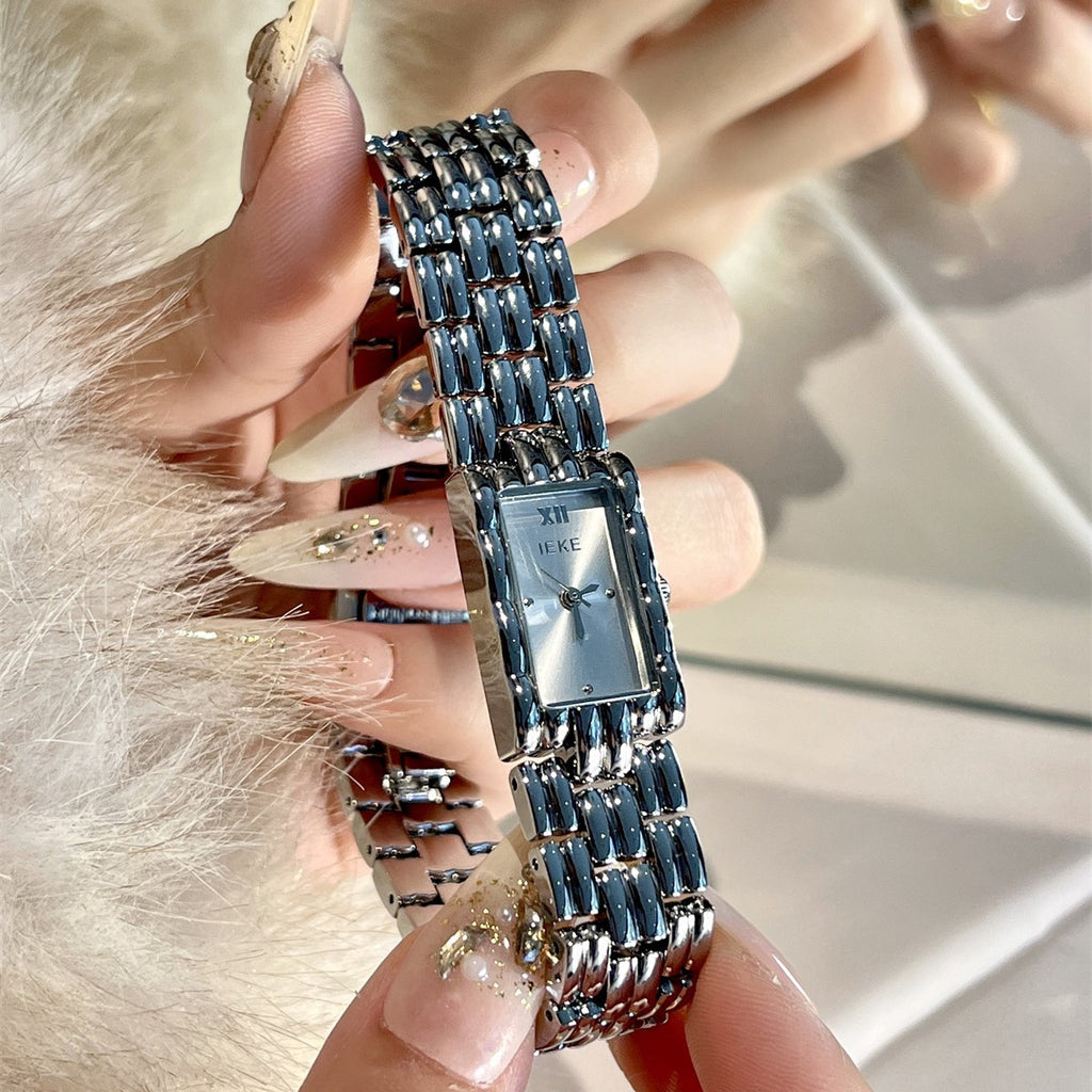 IEKE silver-tone rectangular bracelet watch detail
