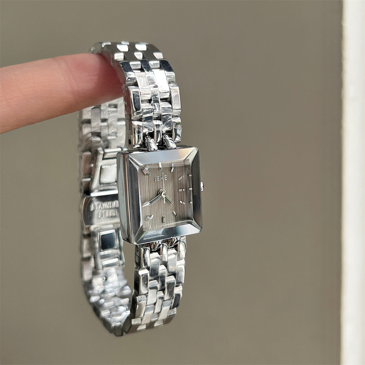 IEKE petite square bracelet watch in silver tone with grey dial