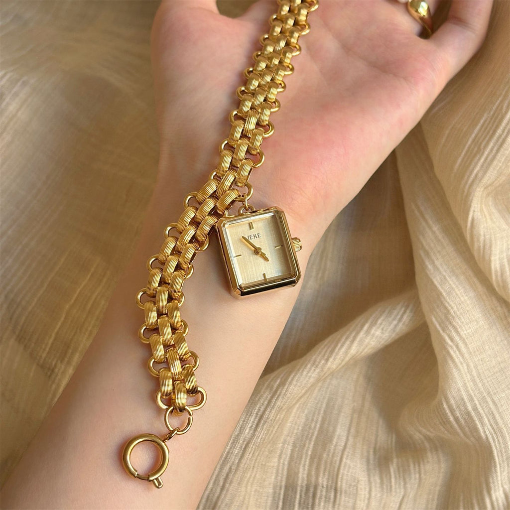 IEKE square chain bracelet watch with champagne dial styled on wrist