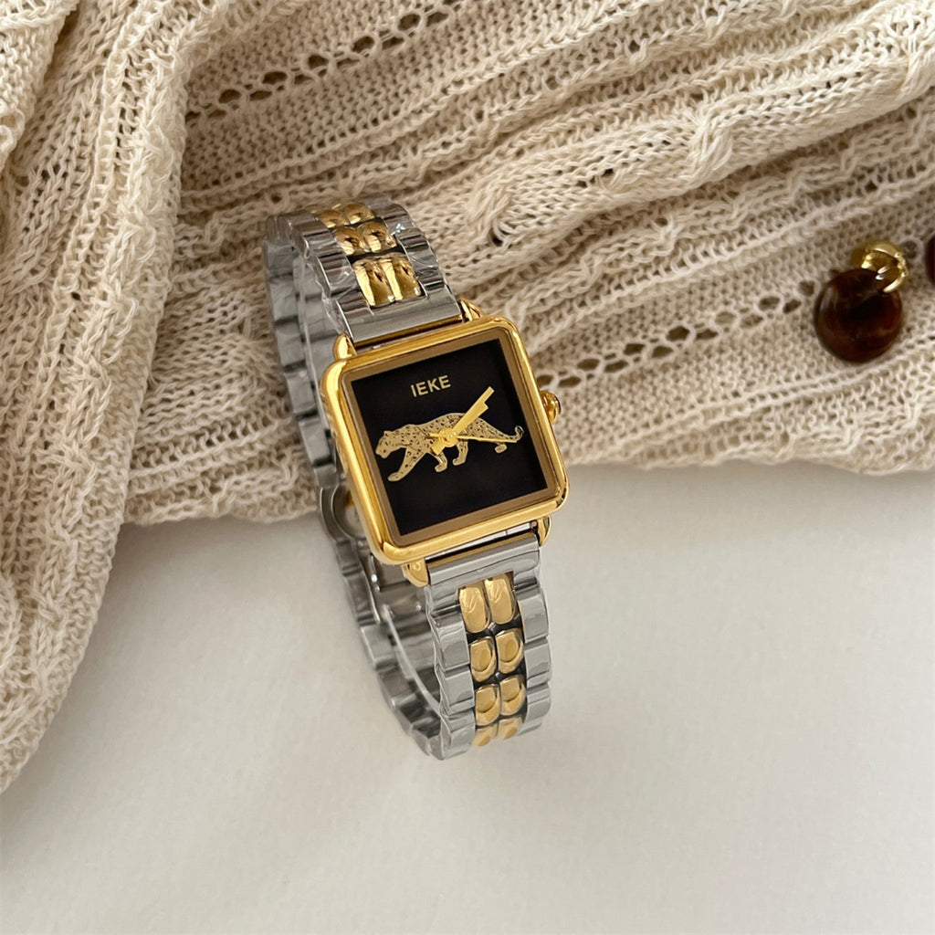 IEKE women's square leopard motif watch with black dial, gold-tone case and two-tone bracelet