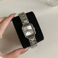 IEKE women's vintage square watch with leopard motif, silver-tone dial and silver bracelet