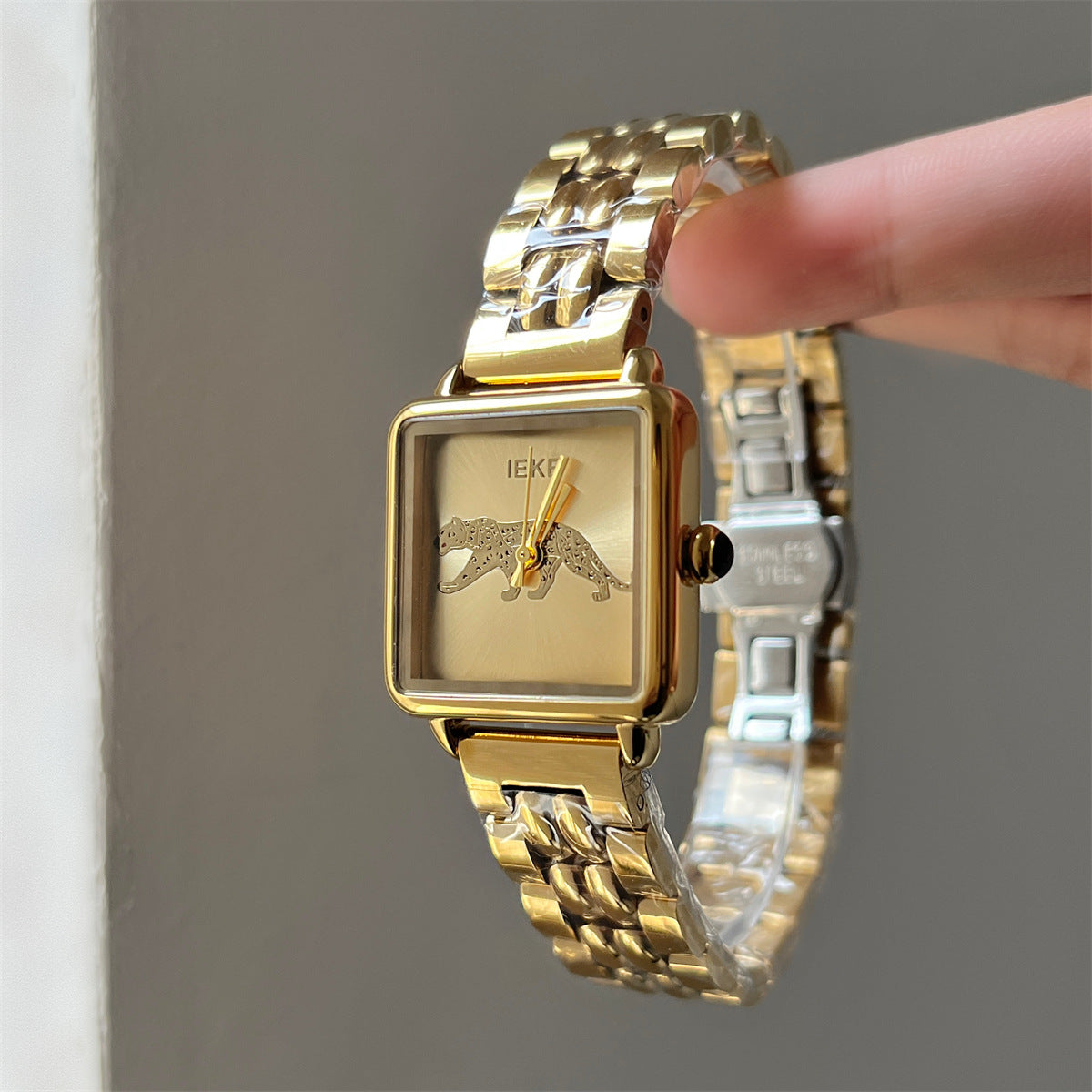 IEKE vintage square panther women's gold-tone bracelet watch with champagne dial
