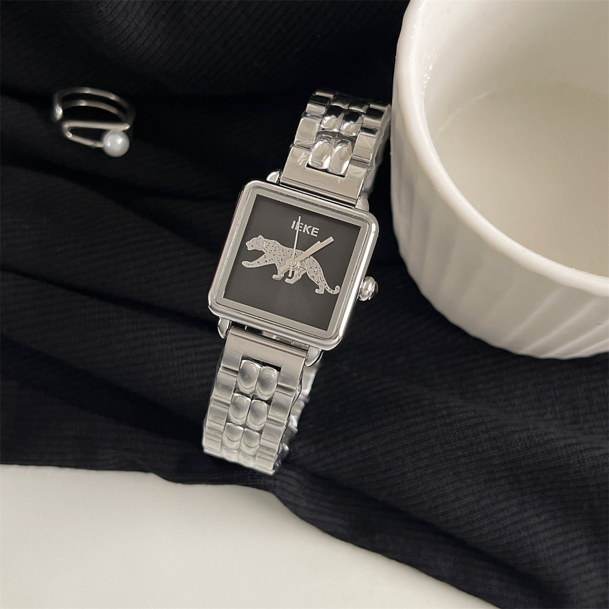 IEKE vintage square panther women's silver-tone bracelet watch with black dial