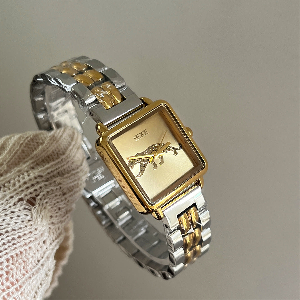 IEKE vintage square panther women's two-tone bracelet watch with champagne dial