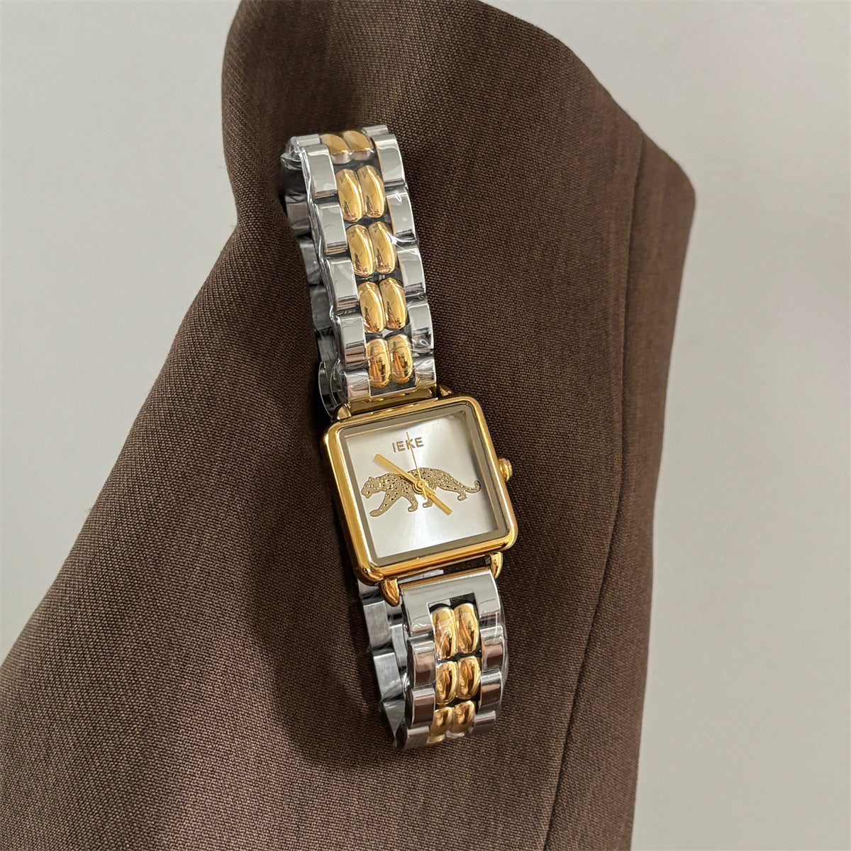 IEKE vintage square panther women's two-tone bracelet watch with light dial