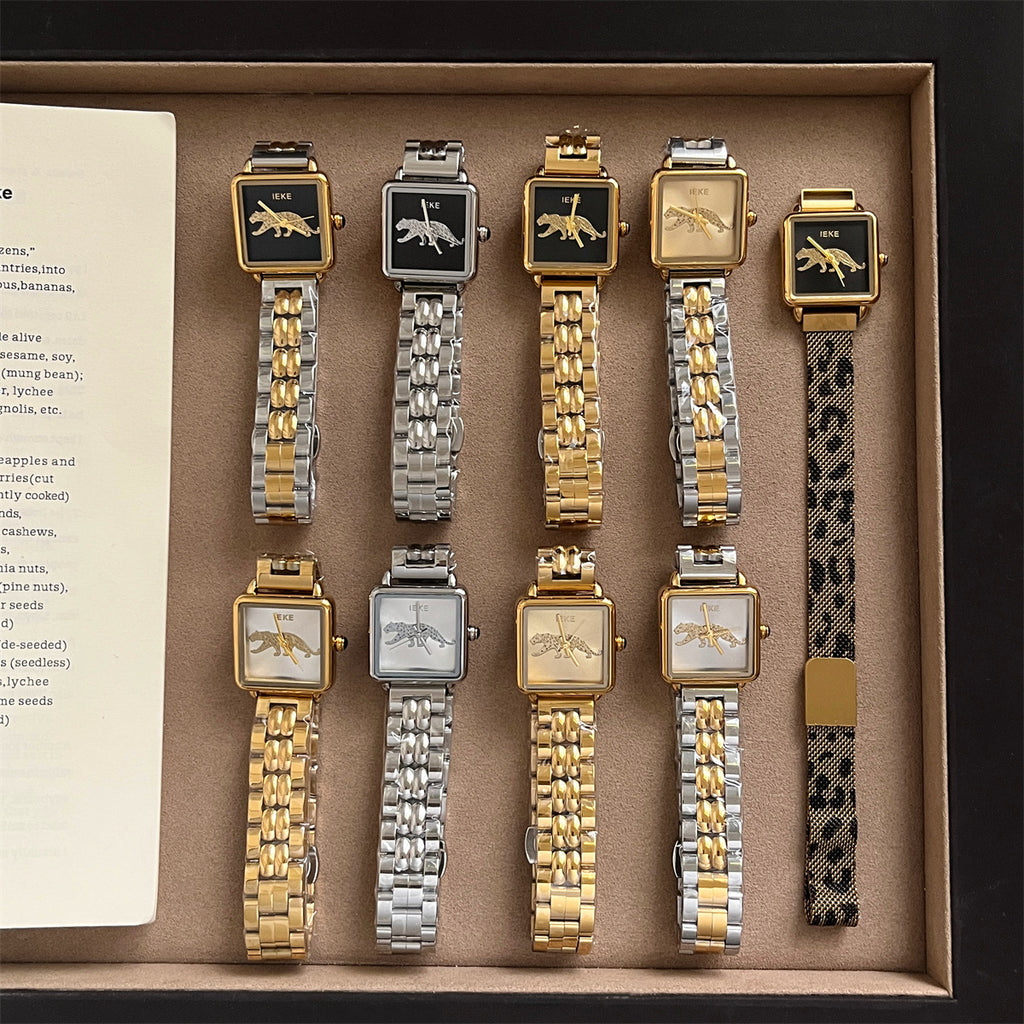 IEKE vintage square panther women's watch collection in gold silver two-tone and leopard strap styles