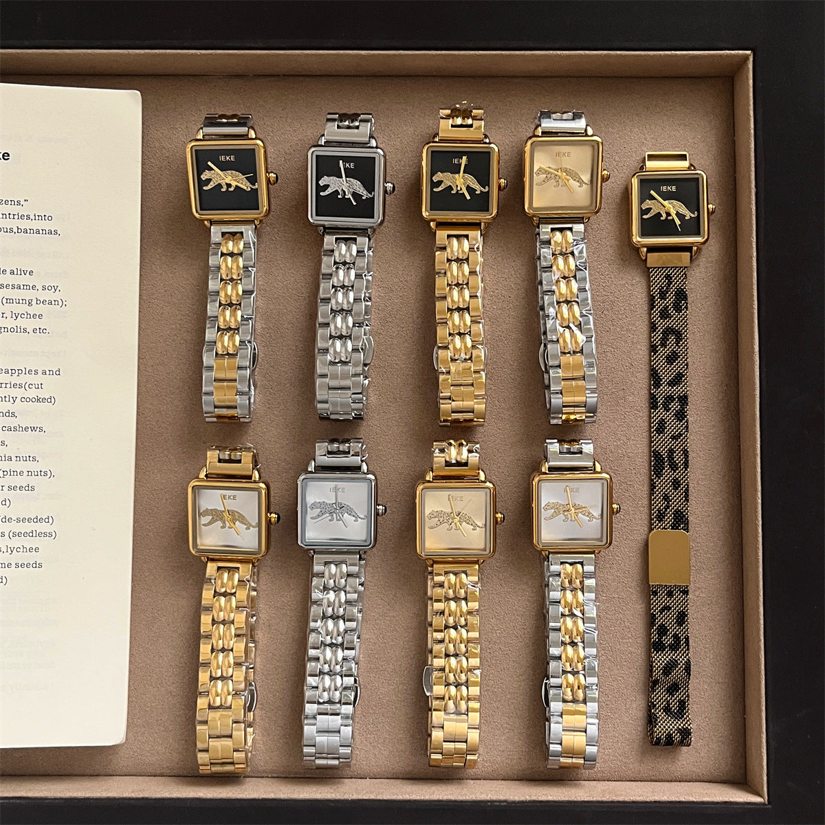 IEKE vintage square panther women's watch collection in gold silver two-tone and leopard strap styles