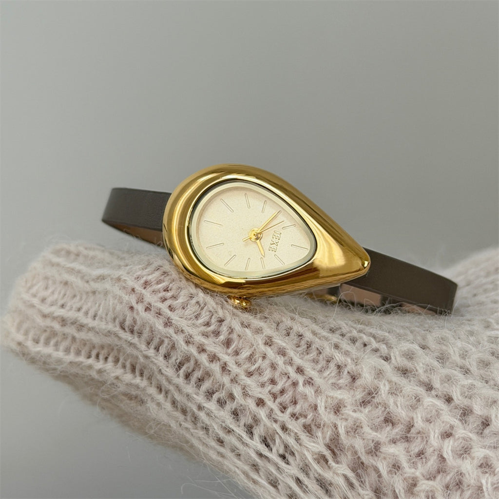IEKE teardrop women's quartz watch with cream dial, brown strap and polished gold-tone case