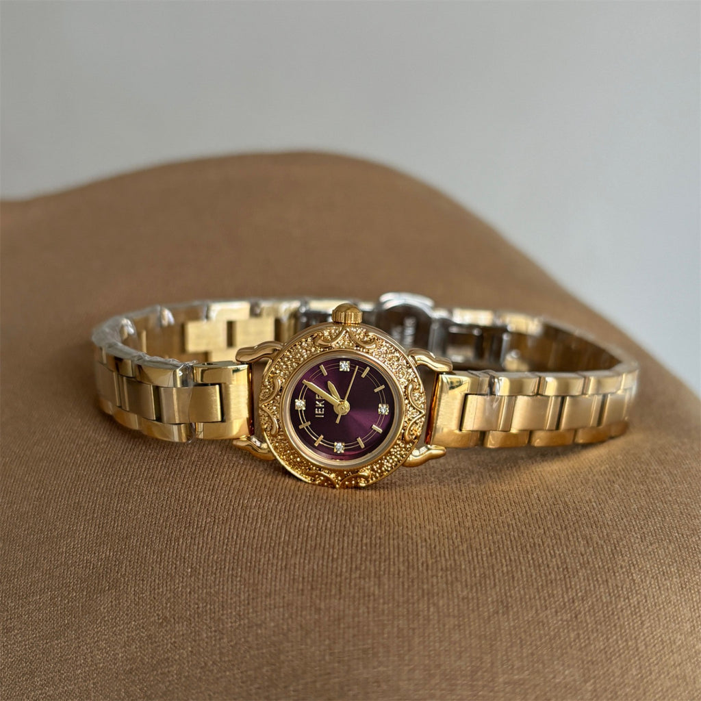IEKE petite vintage embossed women's quartz watch with burgundy dial and gold-tone bracelet