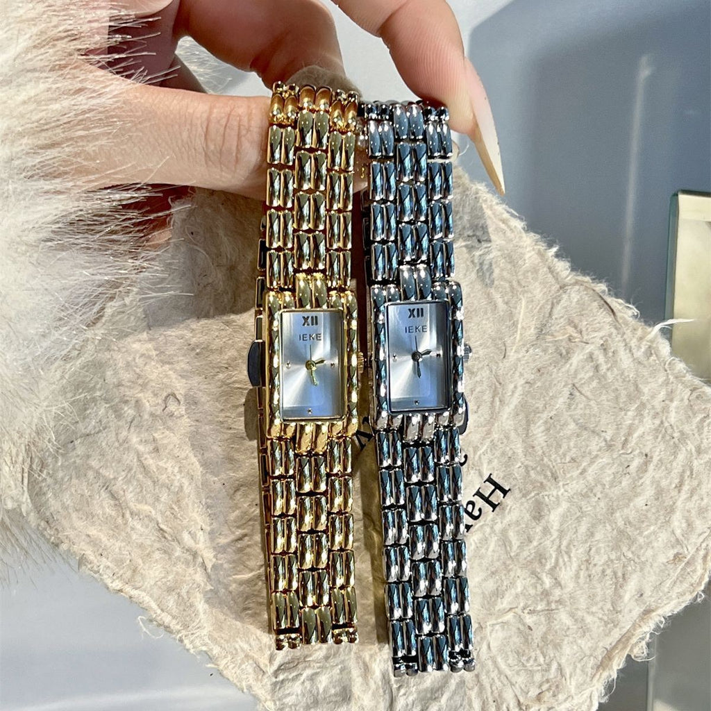 IEKE vintage rectangular chain bracelet watch in gold-tone and silver-tone finishes