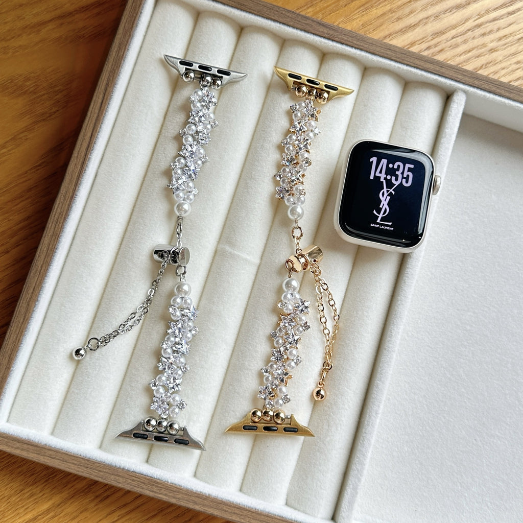 Pearl and crystal Apple Watch jewelry band in silver and gold tone
