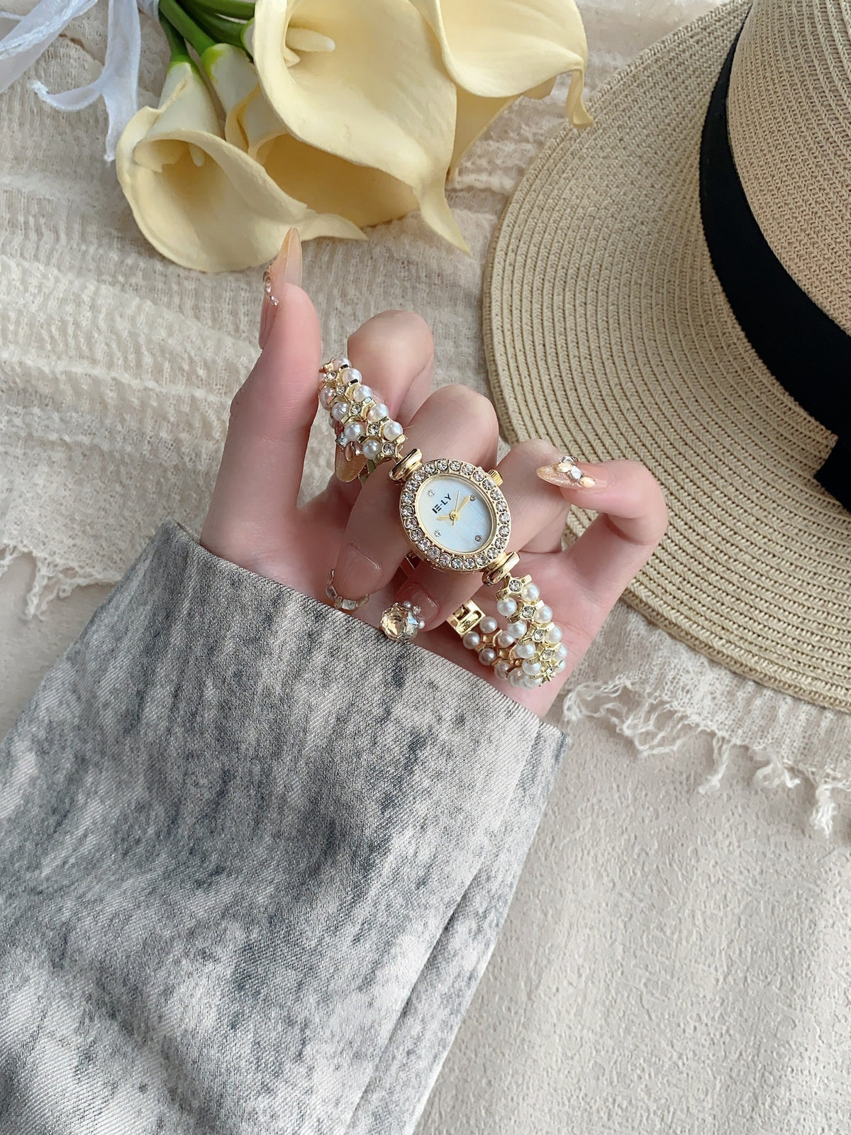 ISLY pearl crystal-style oval bracelet watch in gold tone alternate view