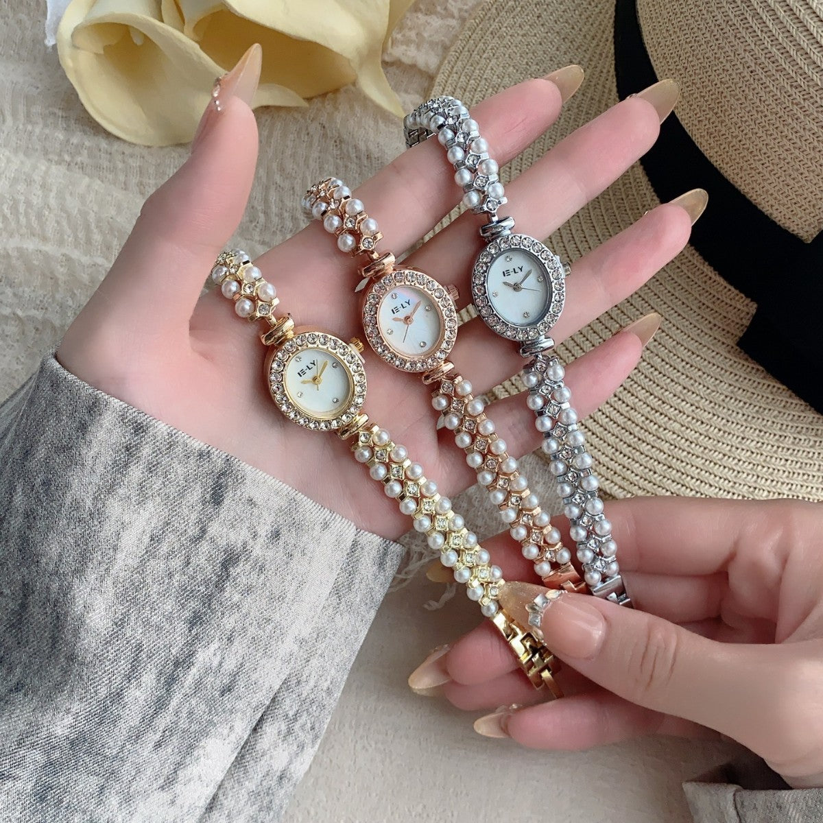 ISLY pearl crystal-style oval bracelet watches in gold rose gold and silver tones