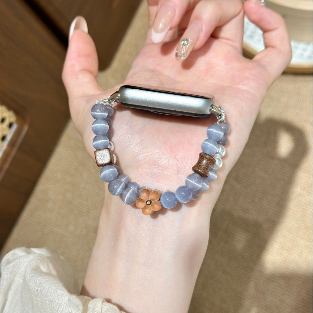 Grey flower double-strand beaded smartwatch band