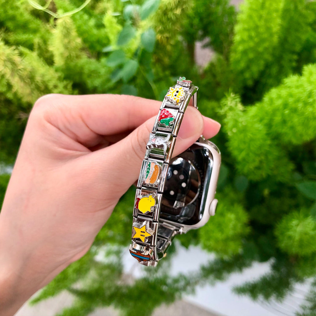 Modular charm smartwatch bracelet band close-up in hand