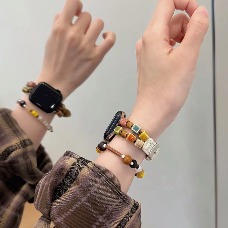 Mosaic bead leather Apple Watch bracelet band in ivory