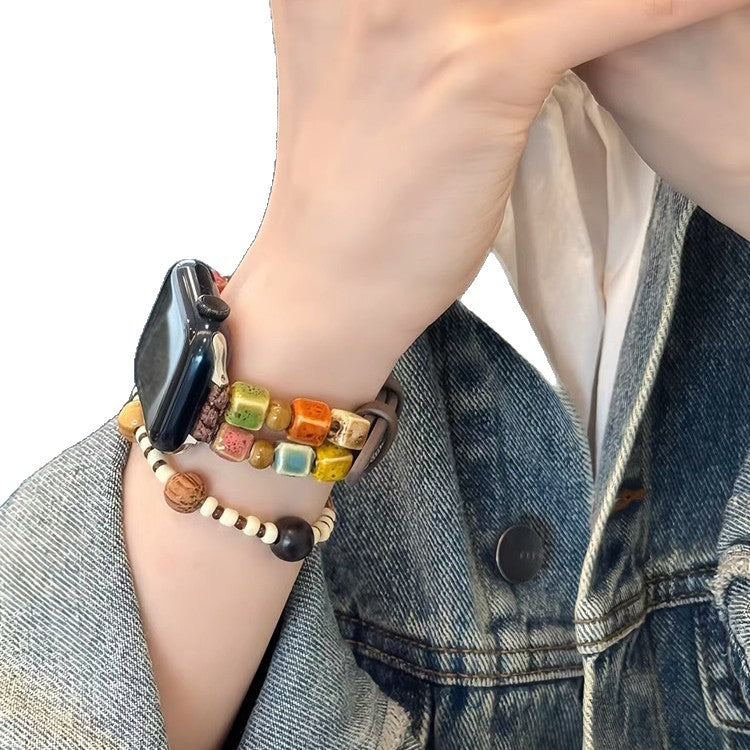 Mosaic bead Apple Watch band with ivory leather strap