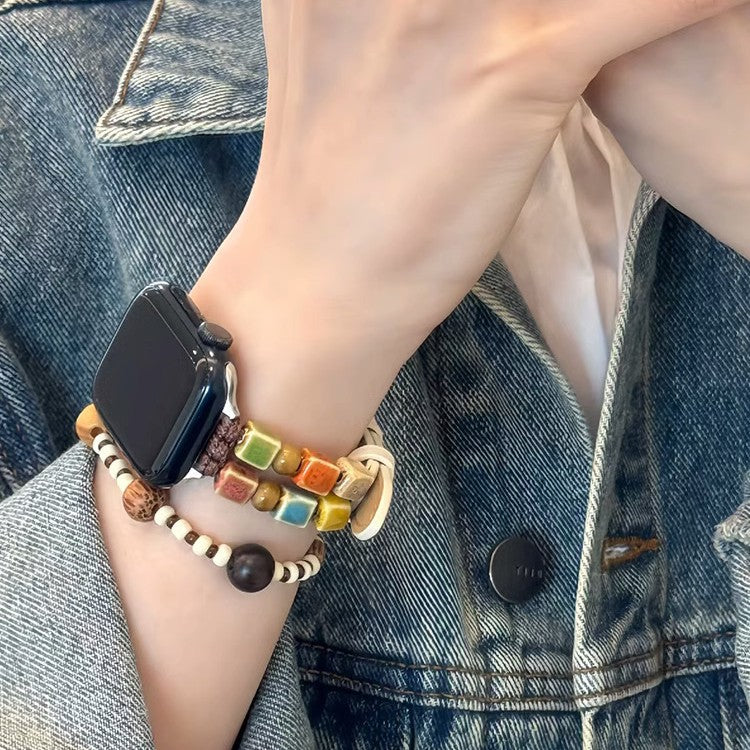 Mosaic bead Apple Watch bracelet band styled with denim