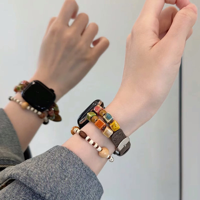 Brown leather and colourful bead Apple Watch bracelet band