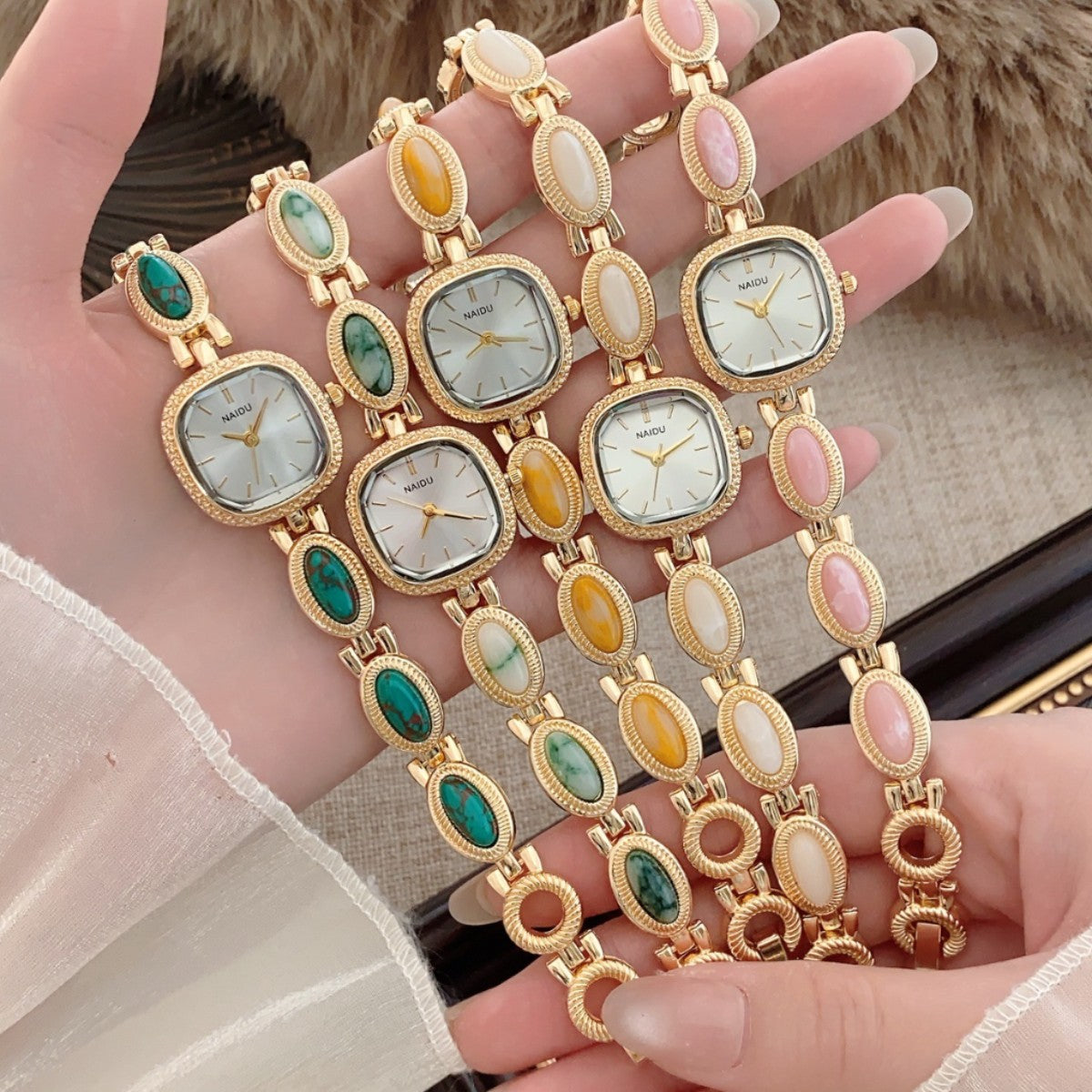 NAIDU cabochon-style jewelry watch collection in five accent colors
