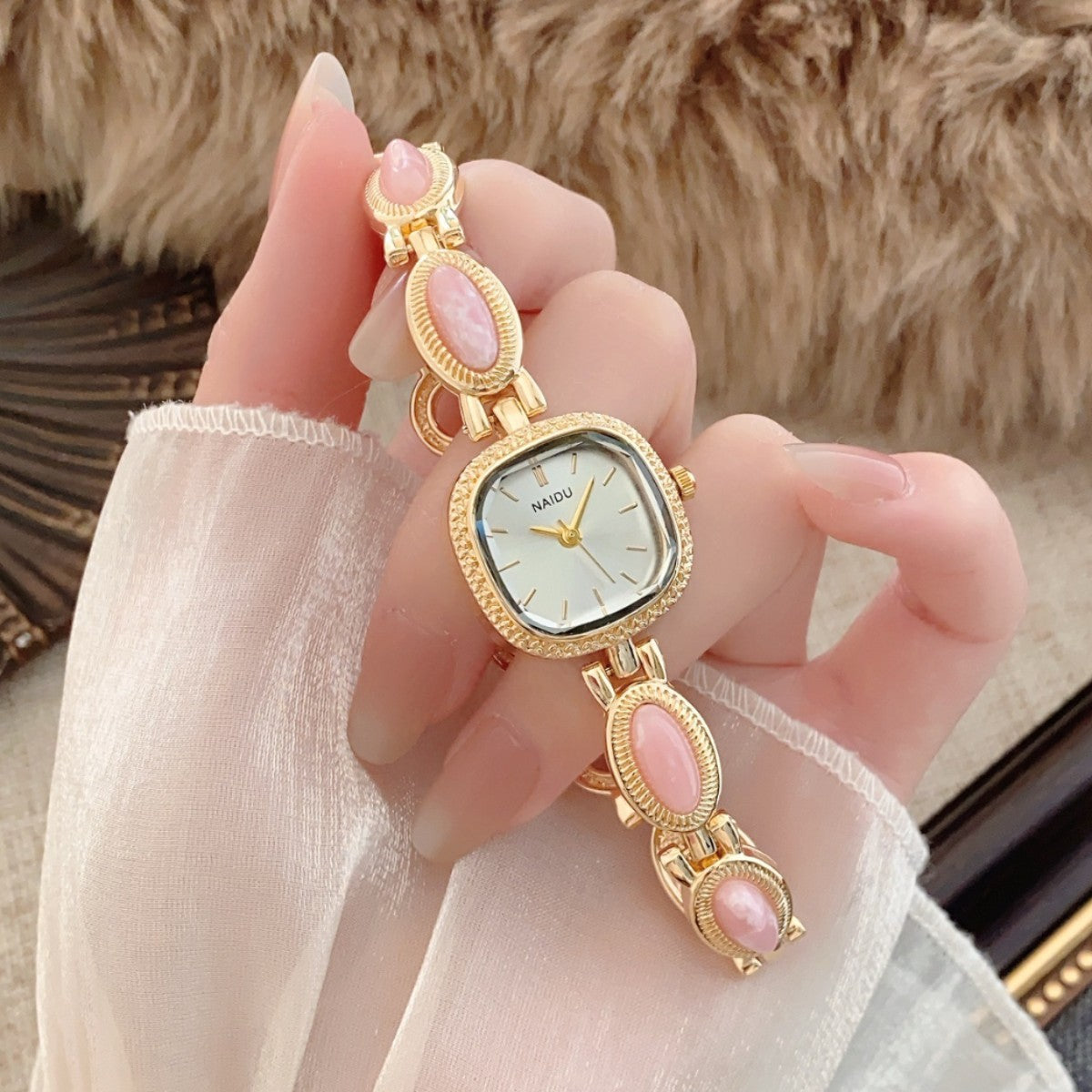 NAIDU cabochon-style jewelry watch with pink accents alternate view