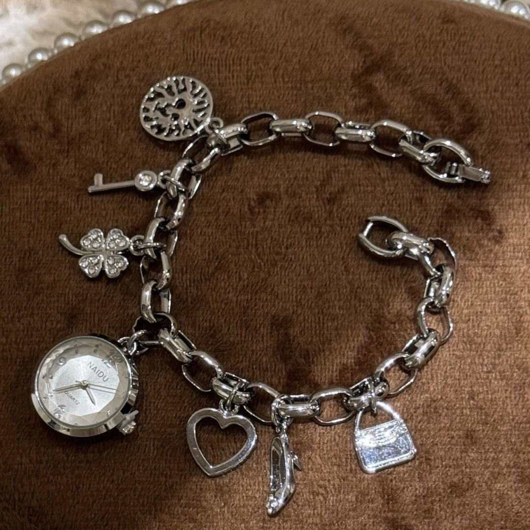 NAIDU charm bracelet watch in silver tone with white dial