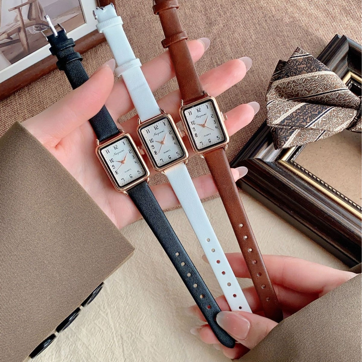 Vintage gold rectangle women's quartz watch in black, white and brown strap options
