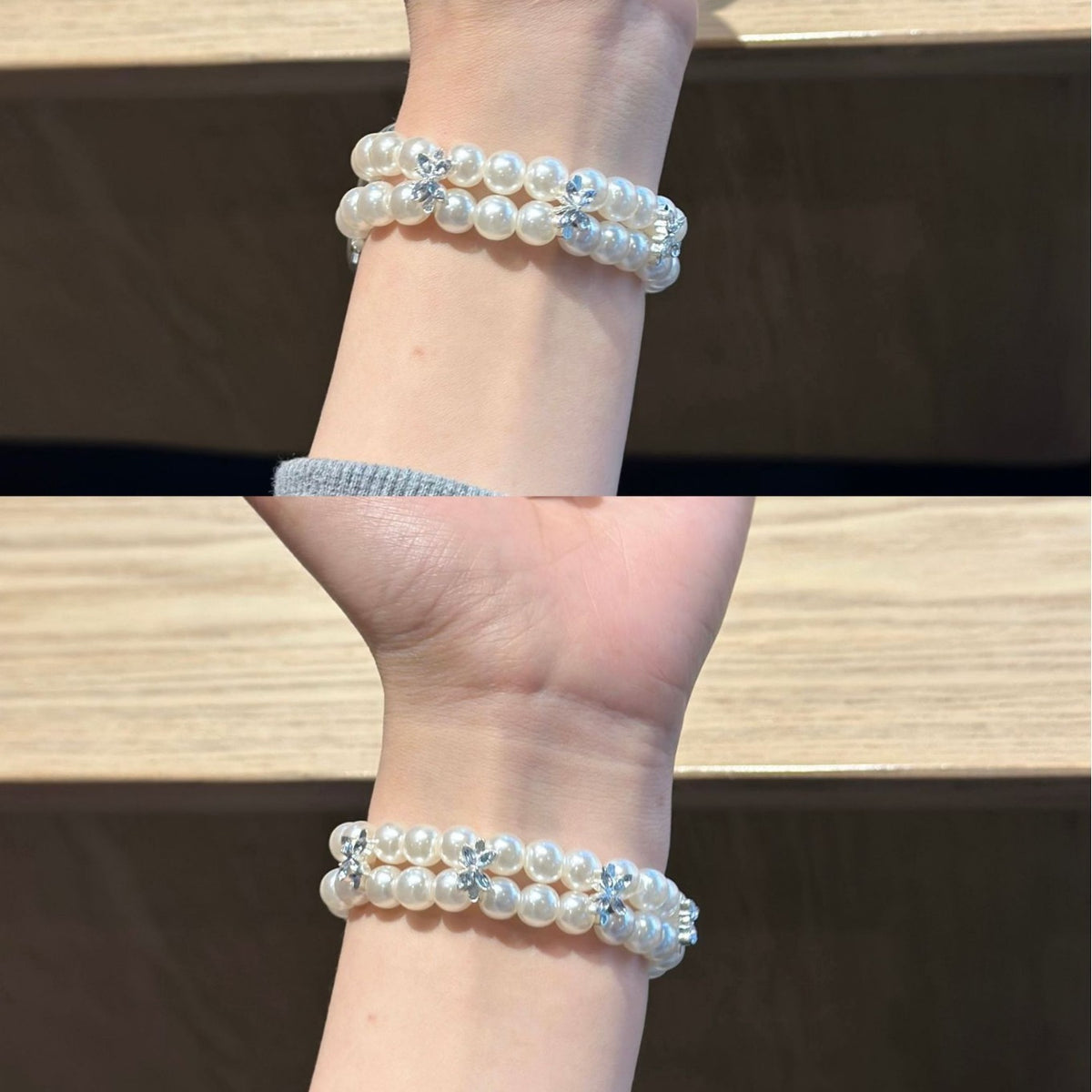 Pearl Apple Watch bracelet band worn on wrist