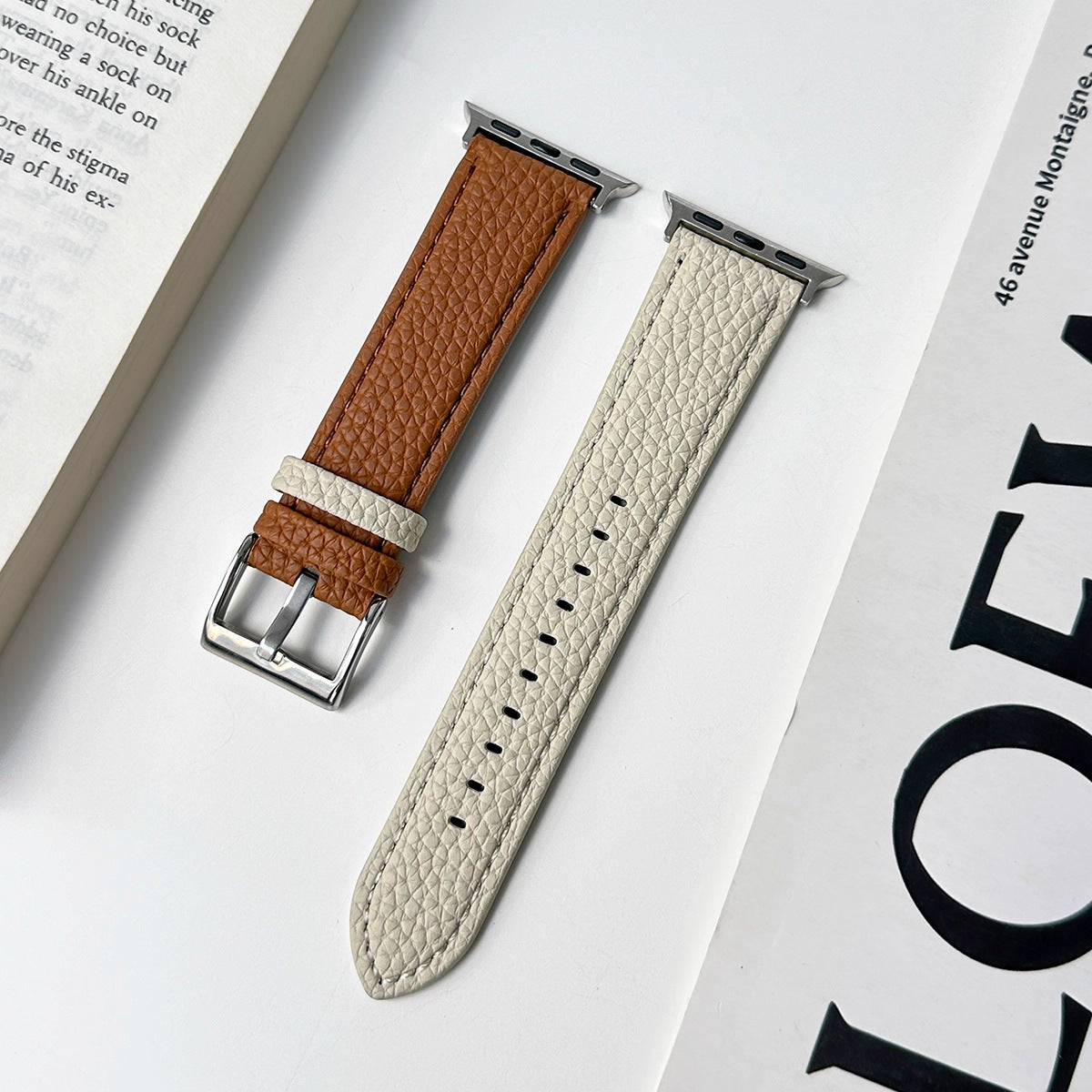 Two-tone brown and ivory pebbled leather smartwatch strap