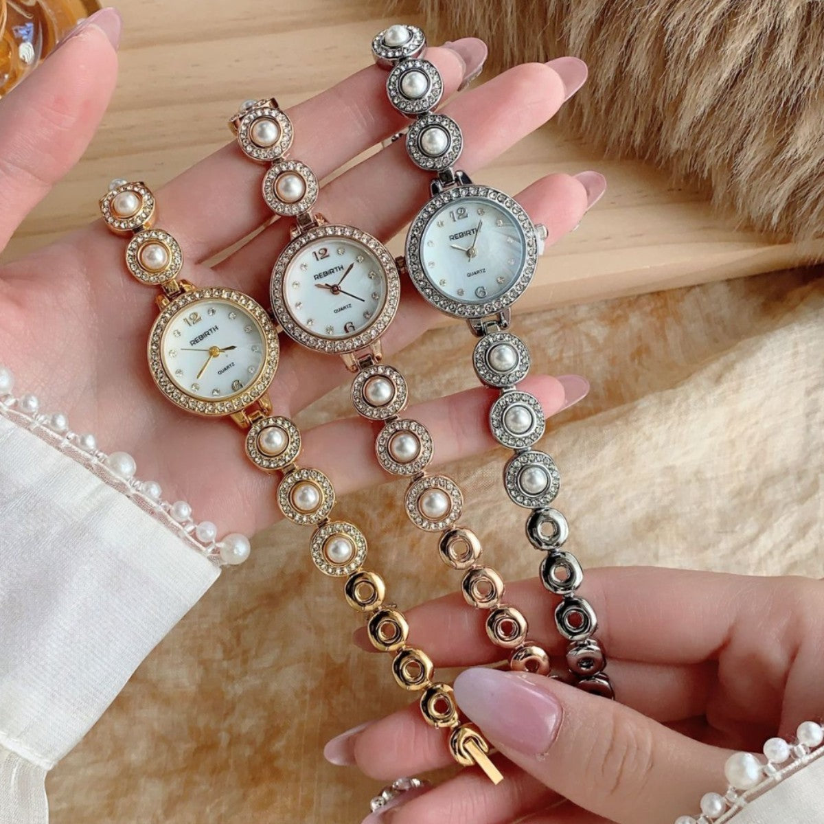 REGIRTH pearl crystal-style round bracelet watches in gold rose gold and silver tones