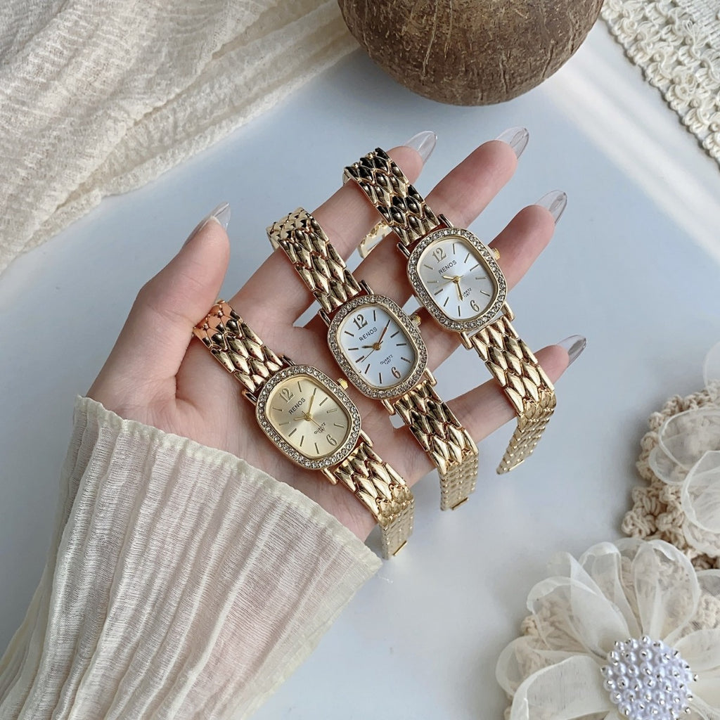 RENOS crystal-style cushion watch trio in gold tone