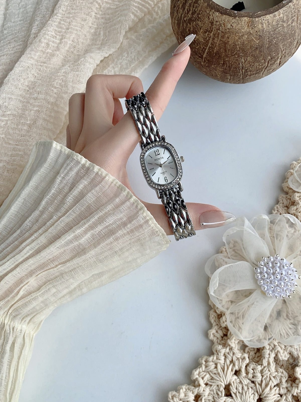 RENOS crystal-style cushion watch in silver tone with white dial