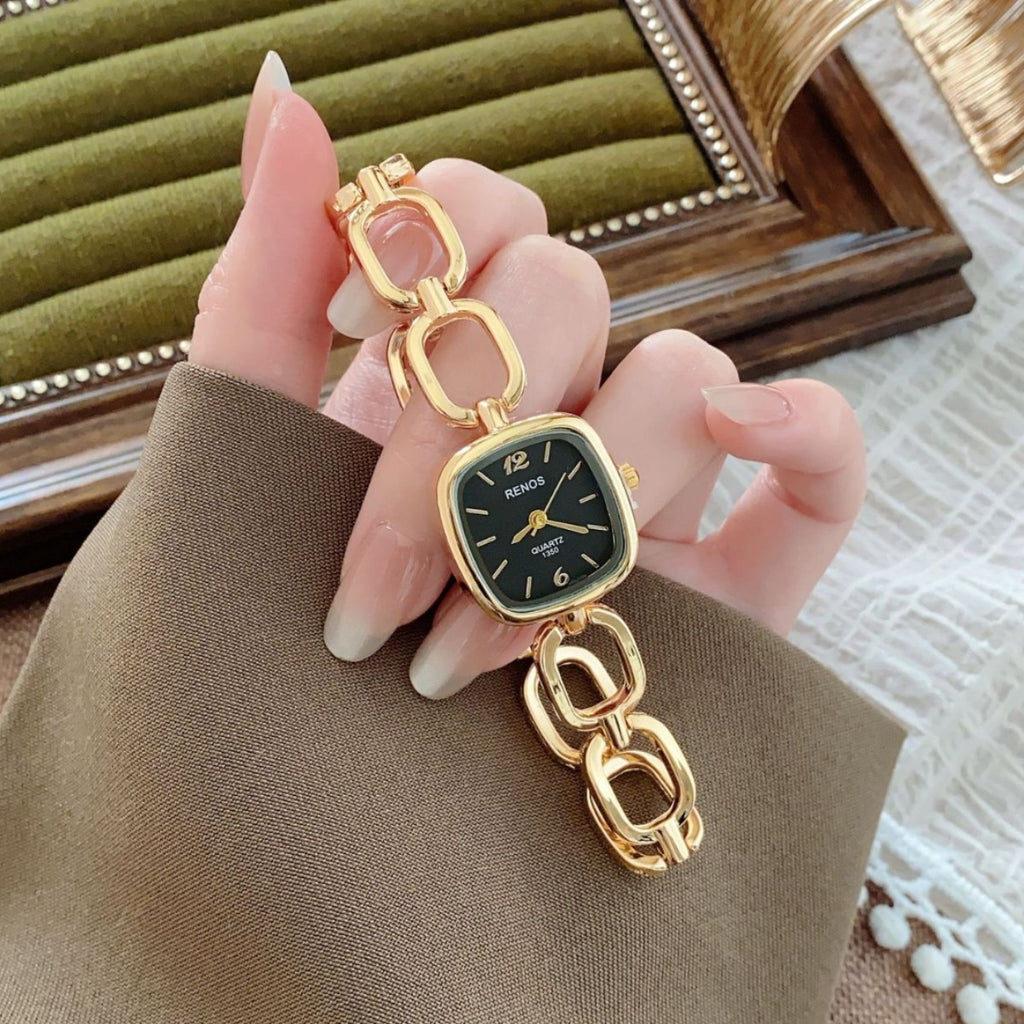 RENOS open-link cushion bracelet watch in gold tone with black dial