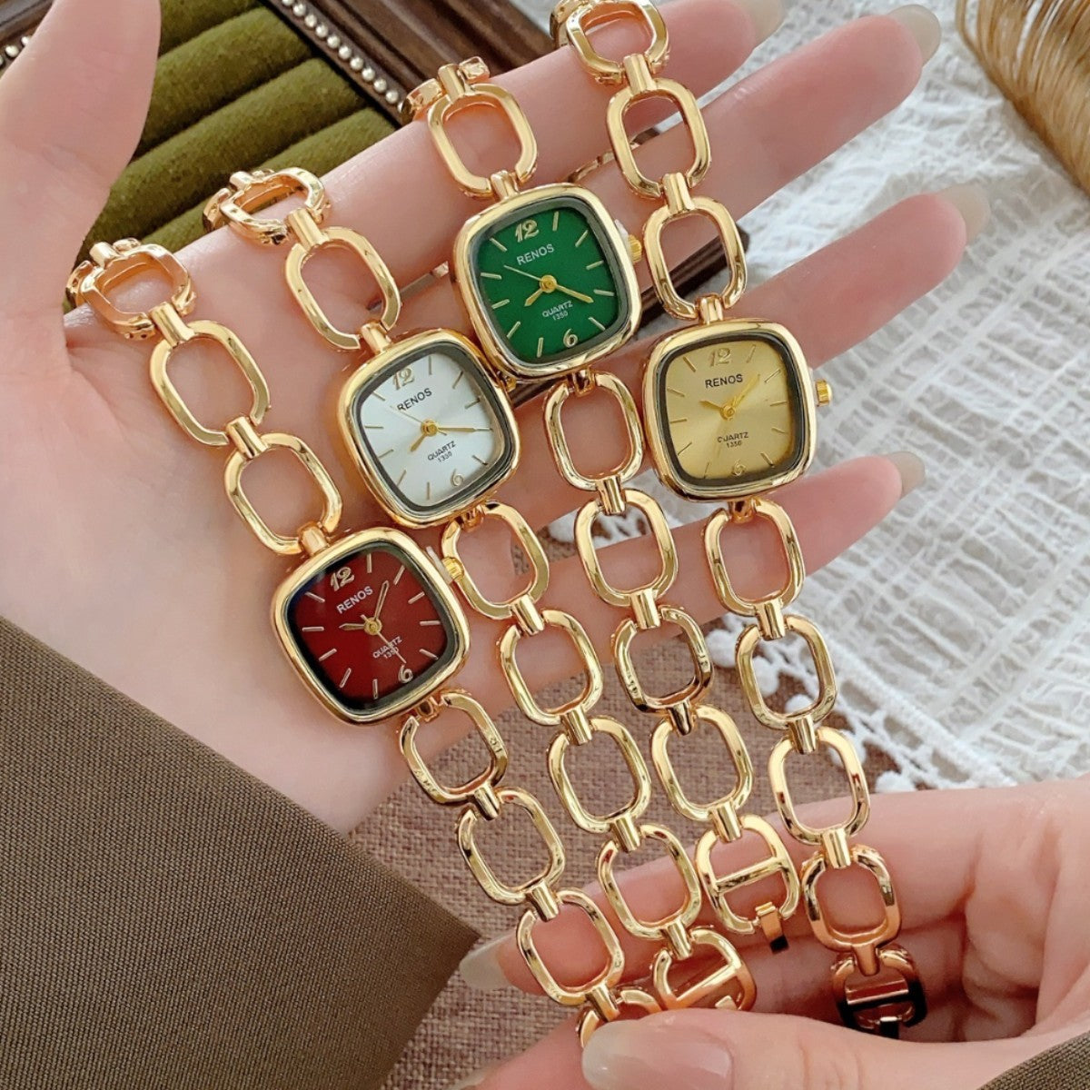 RENOS open-link cushion bracelet watch collection with multiple dial colors