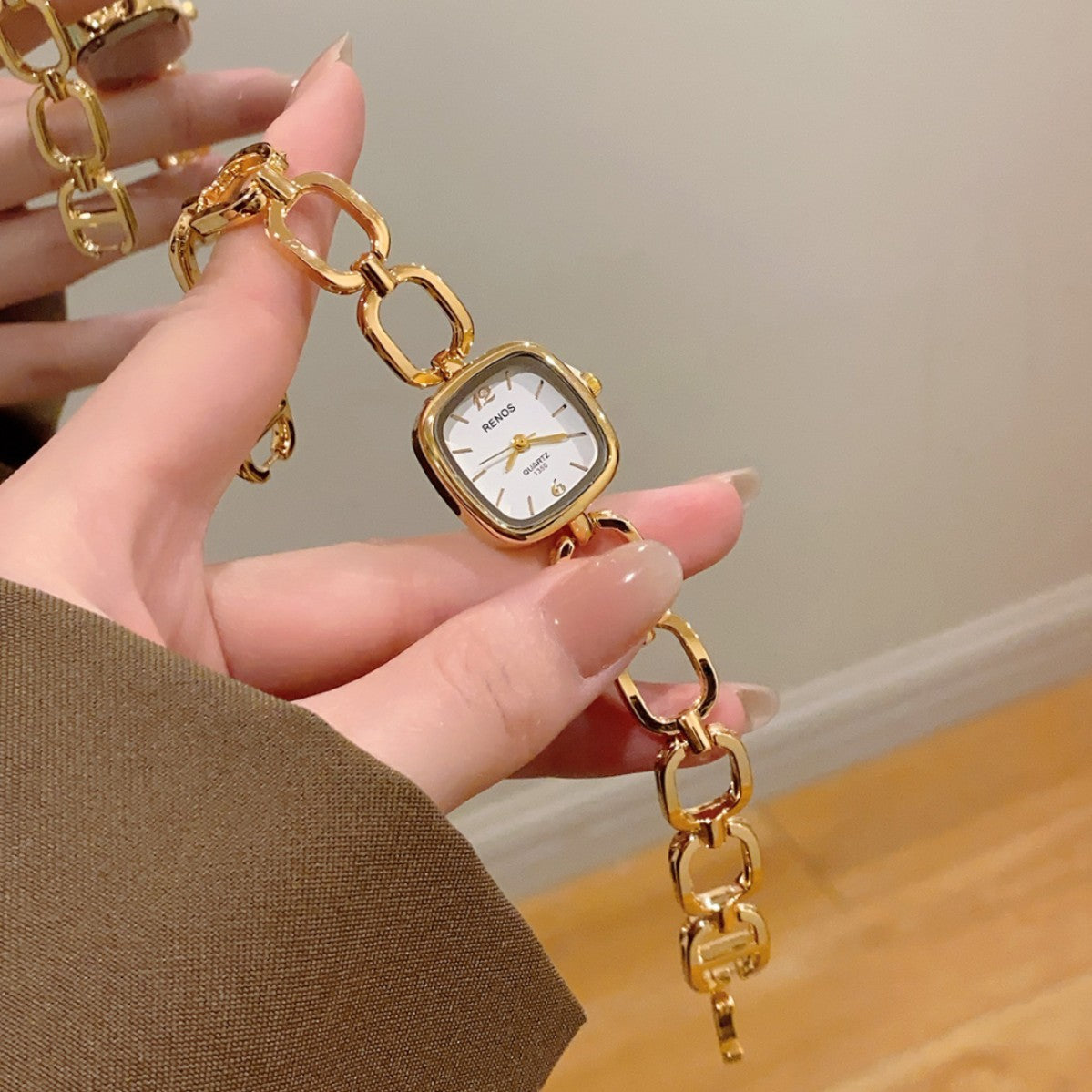 RENOS open-link cushion bracelet watch in gold tone with white dial alternate view