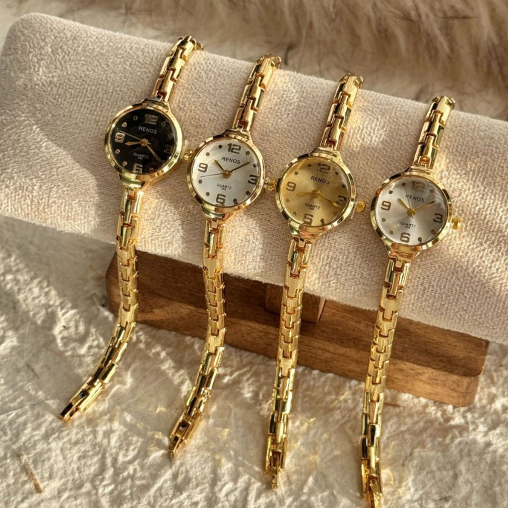 RENOS petite round jewelry bracelet quartz watch collection with black white champagne and ivory dials