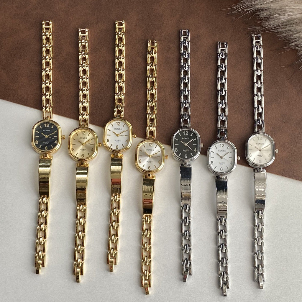 RENOS vintage cushion-link bracelet quartz watch collection in gold and silver tones