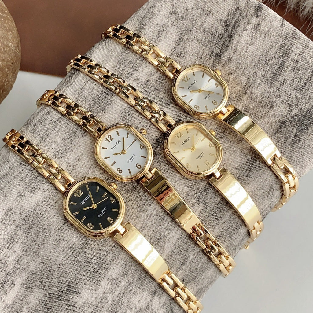 RENOS vintage cushion-link bracelet quartz watches in gold tone with black champagne and light dials
