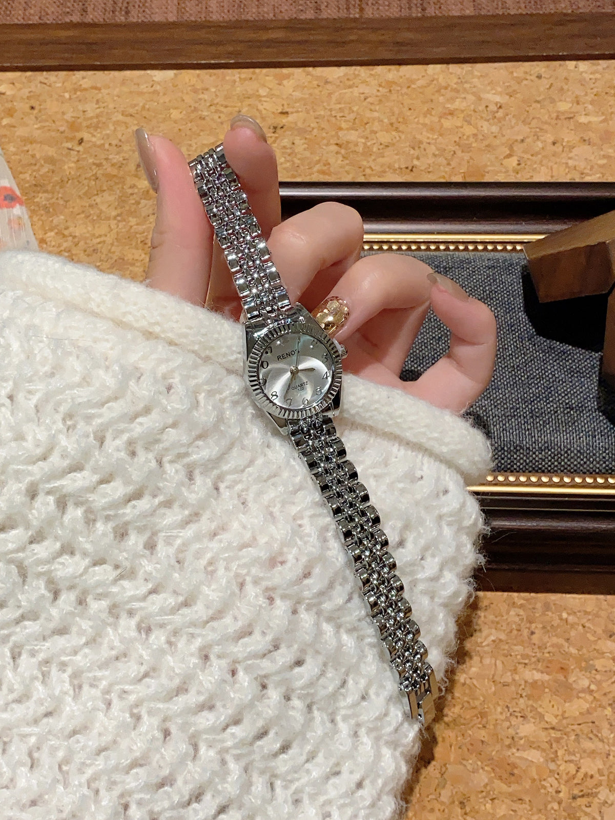 RENOS vintage silver-tone jewelry bracelet quartz watch with silver dial