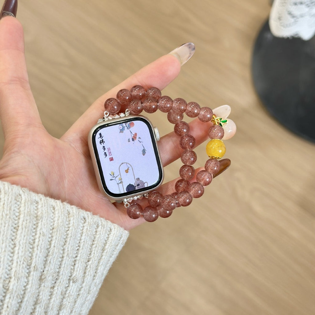 Strawberry pink beaded Apple Watch bracelet band detail view