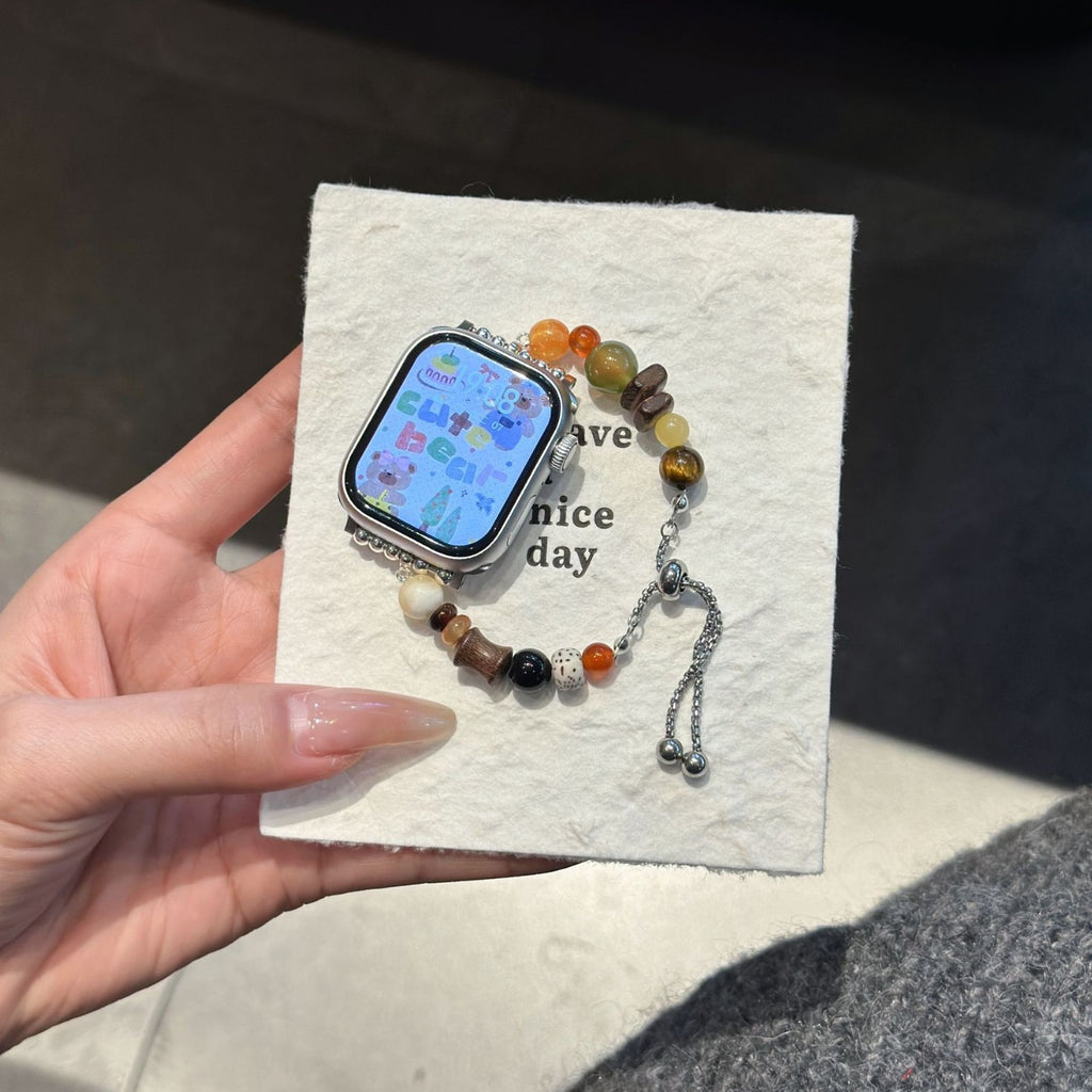 Earth-tone agate-style beaded Apple Watch bracelet band with adjustable silver chain