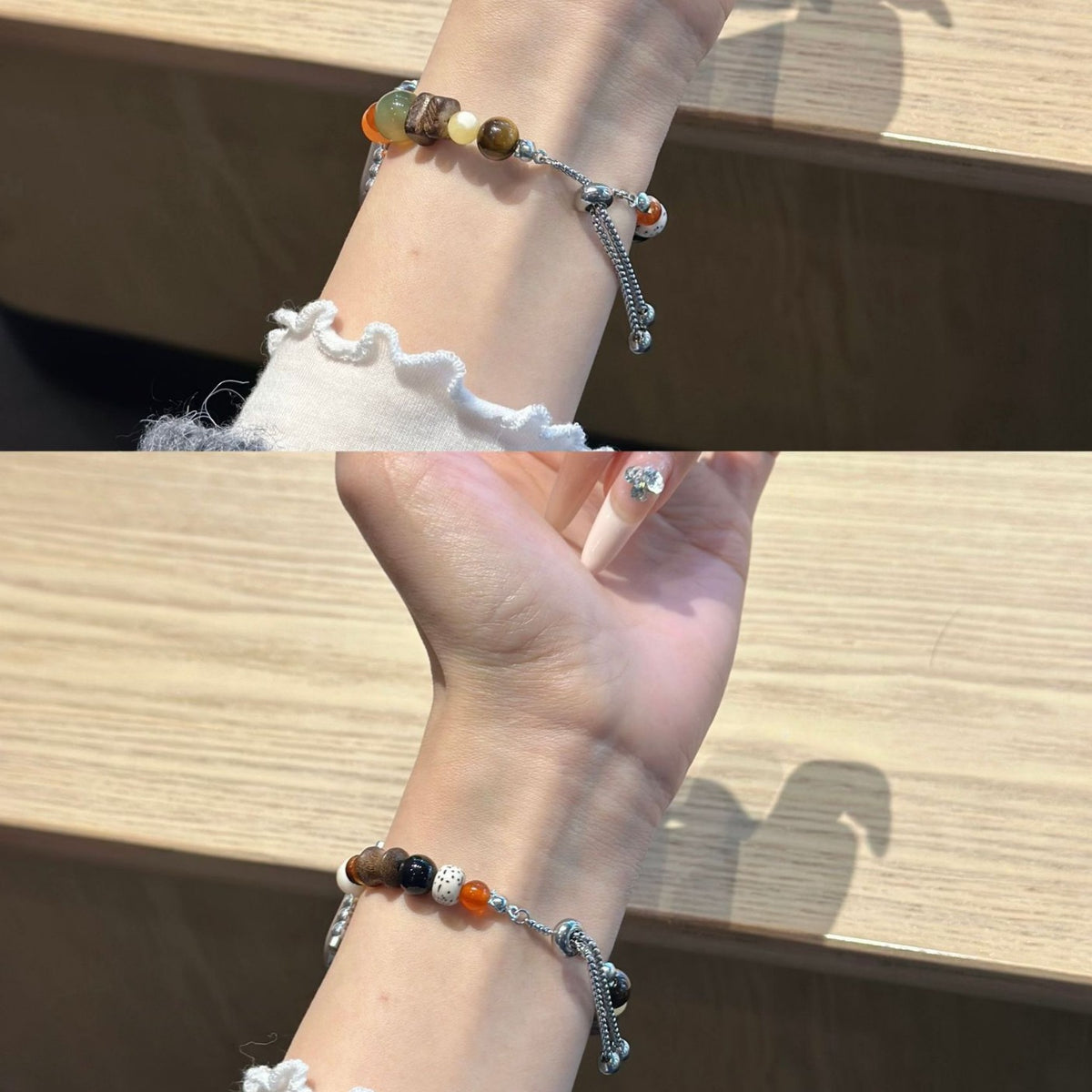 Earth-tone beaded jewellery Apple Watch band worn on wrist