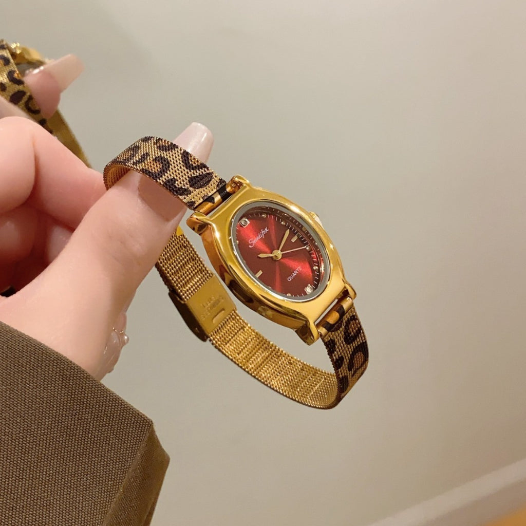 SUNLIFE leopard-print bracelet watch with burgundy dial
