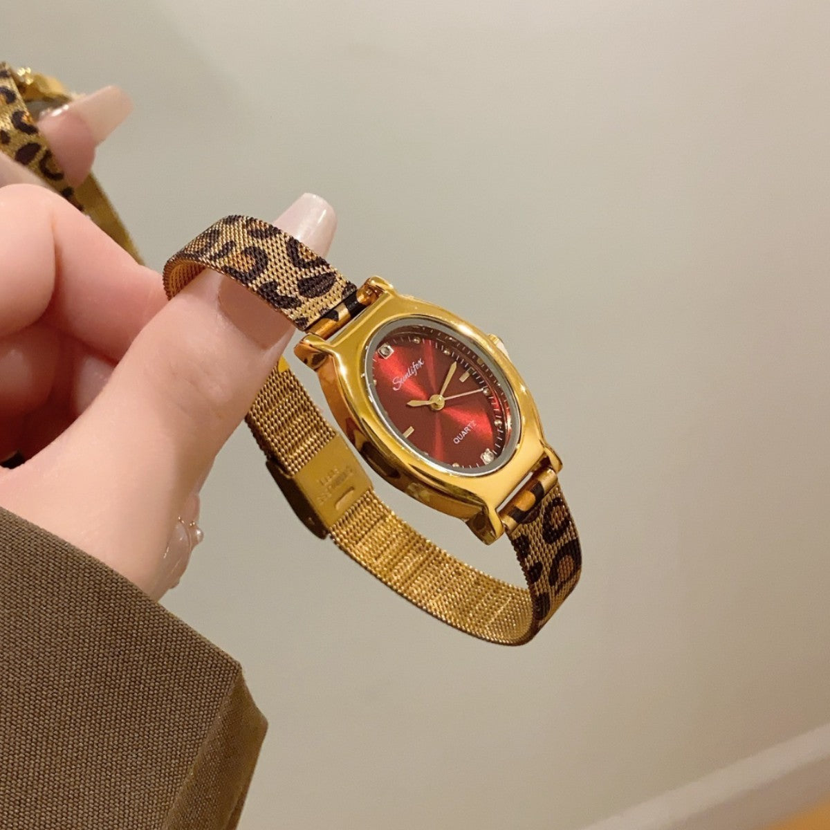 SUNLIFE leopard-print bracelet watch with burgundy dial