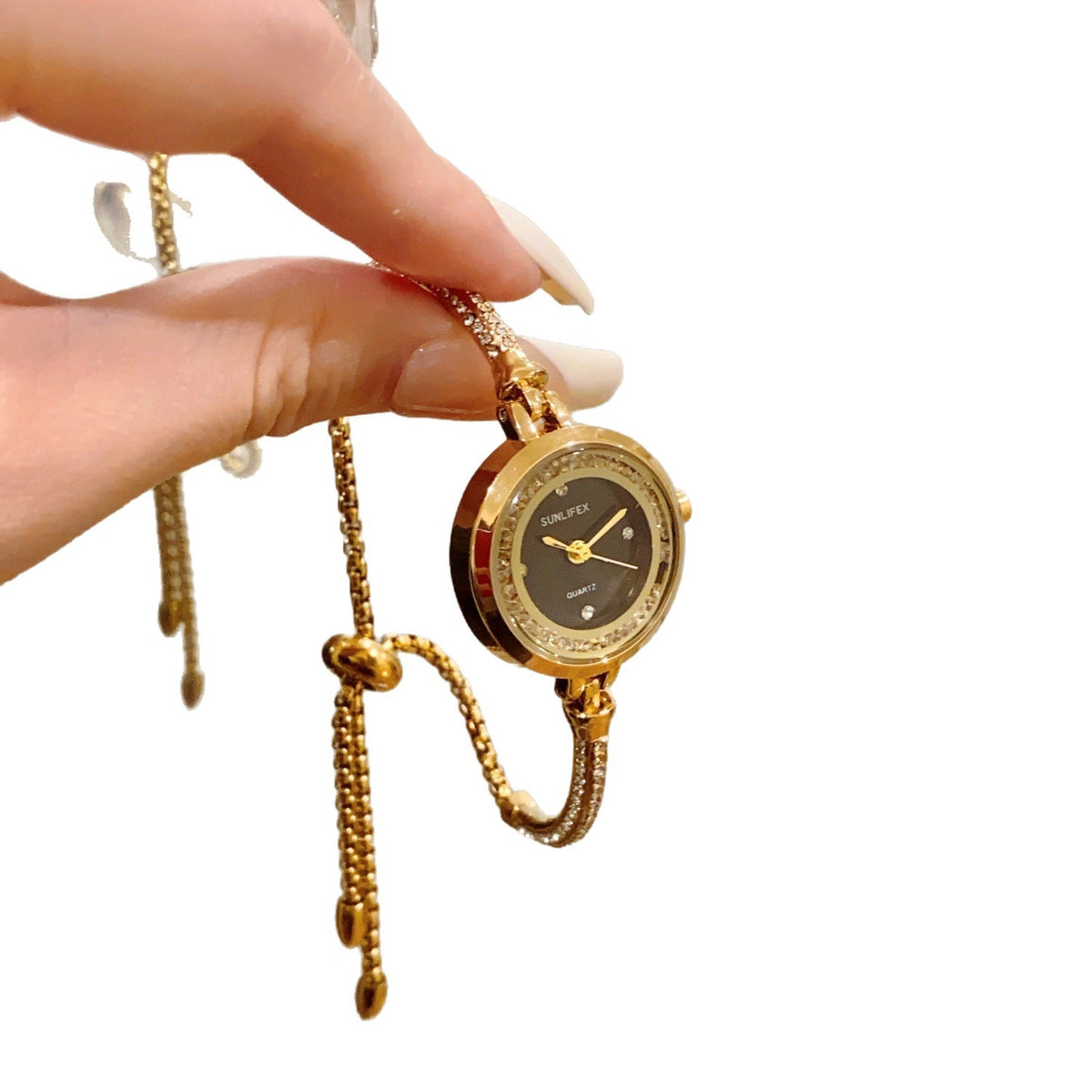 SUNLIFEX adjustable chain bracelet watch in gold tone with black dial alternate view