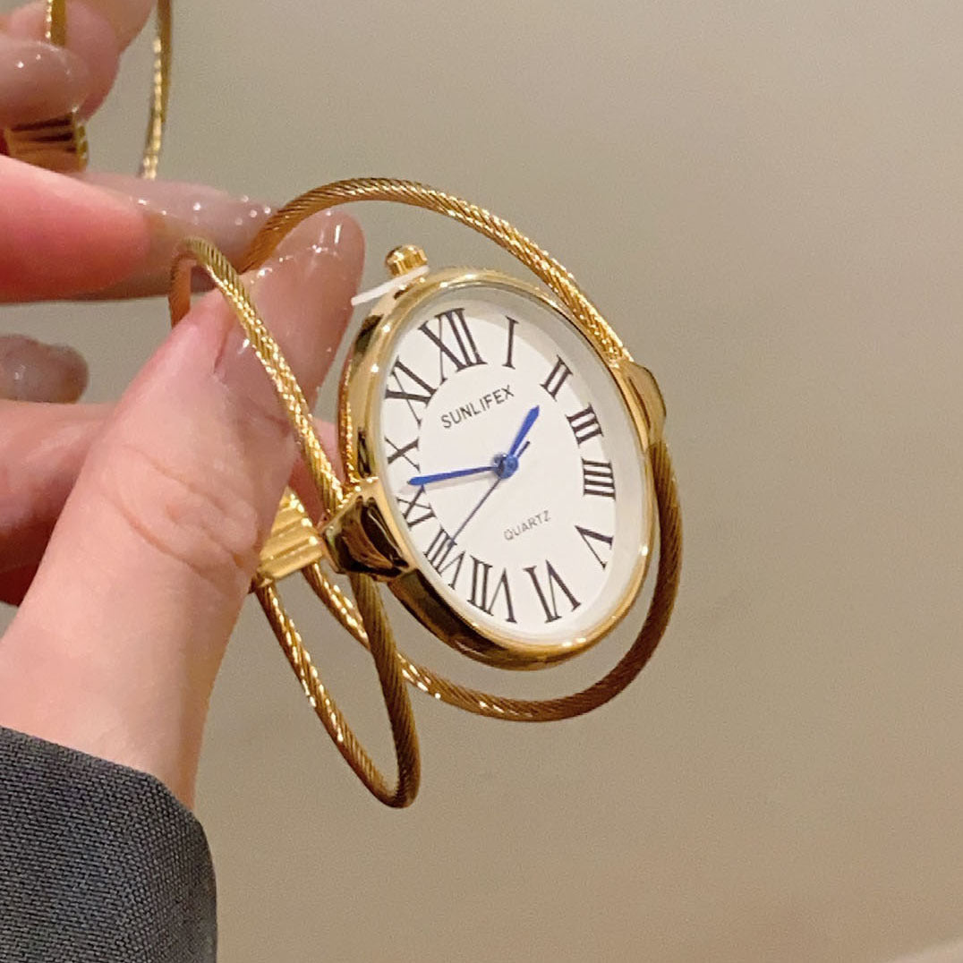 SUNLIFEX women's open bangle quartz watch in gold tone with white Roman numeral dial
