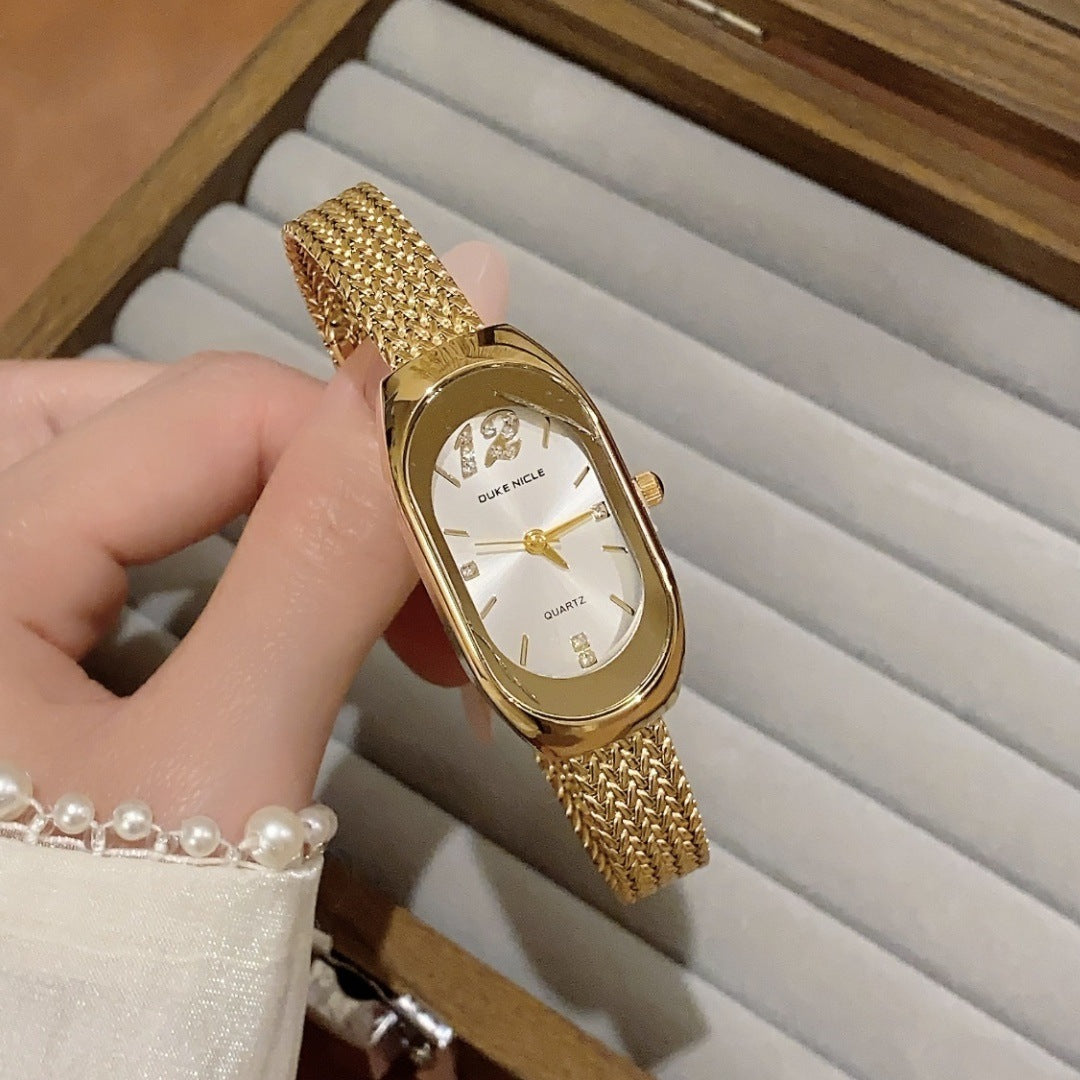 SUNLIFEX oval mesh bracelet watch in gold tone with white dial