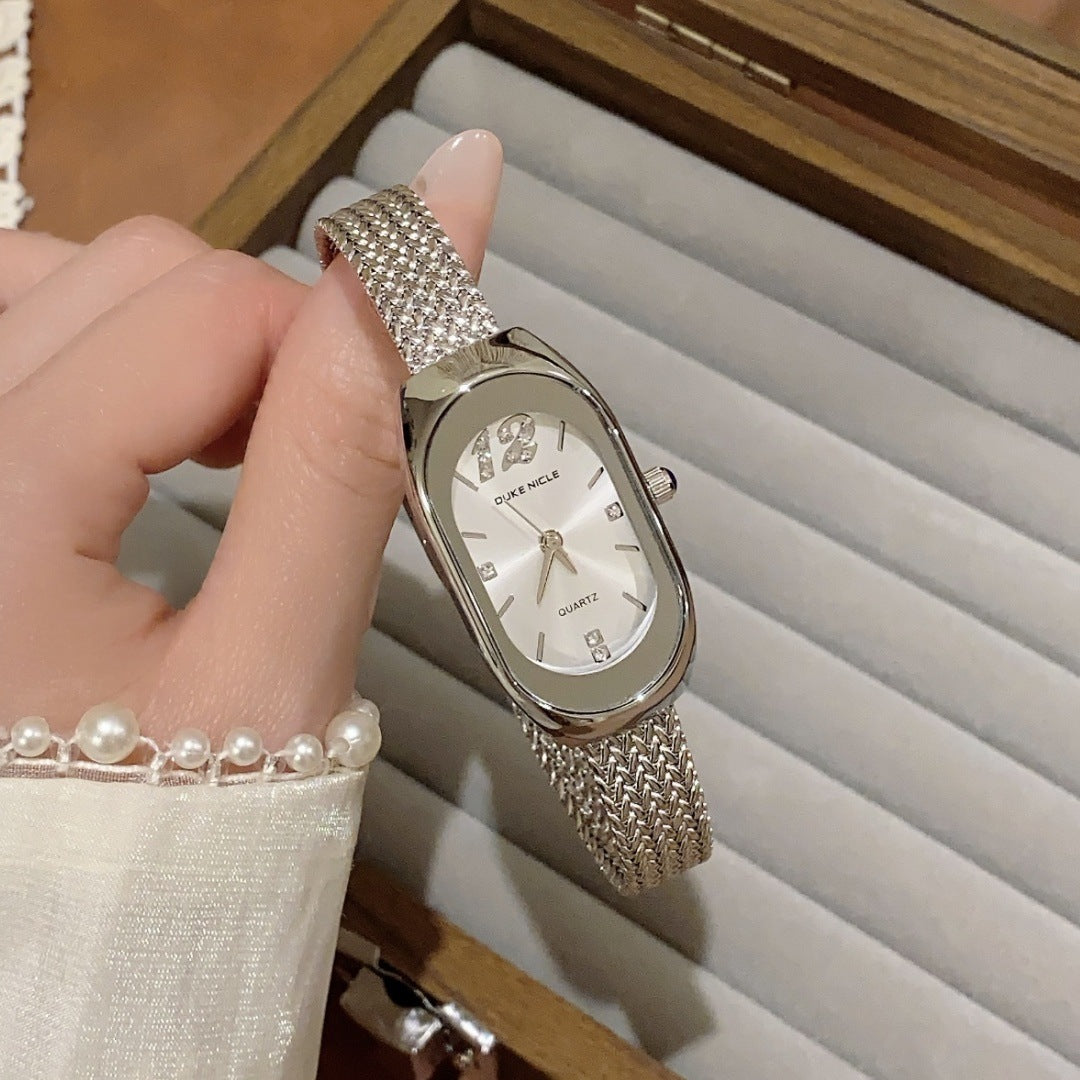 SUNLIFEX oval mesh bracelet watch in silver tone with white dial